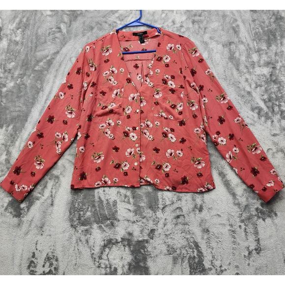 Forever 21 Top Womens M Pink Floral V-Neck Long Sleeve Button Front Preppy - Picture 1 of 9